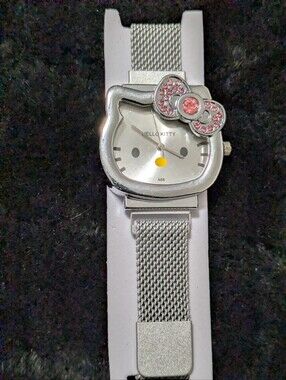 Hello Kitty Silver Mesh Watch with Pink Crystal Bow Accent